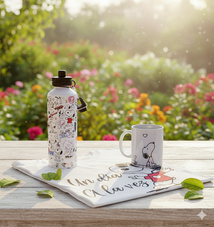 Combo Snoopy (Camisa, Botella 750ml, Taza blanca)